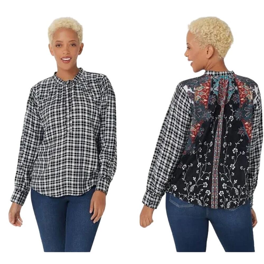 Tolani Women's Plus Black White Plaid Paisley Floral Velvet Button Shirt Size 2X